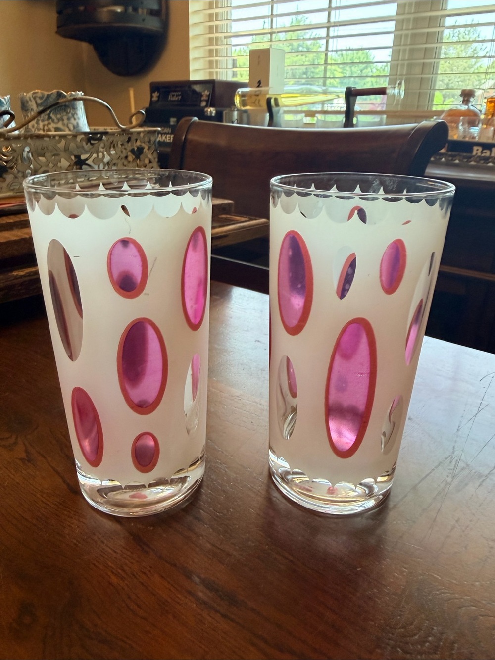 Vintage MCM Pair of Mid-Century Frosted Glass Tumblers with Pink Oval Insets Set